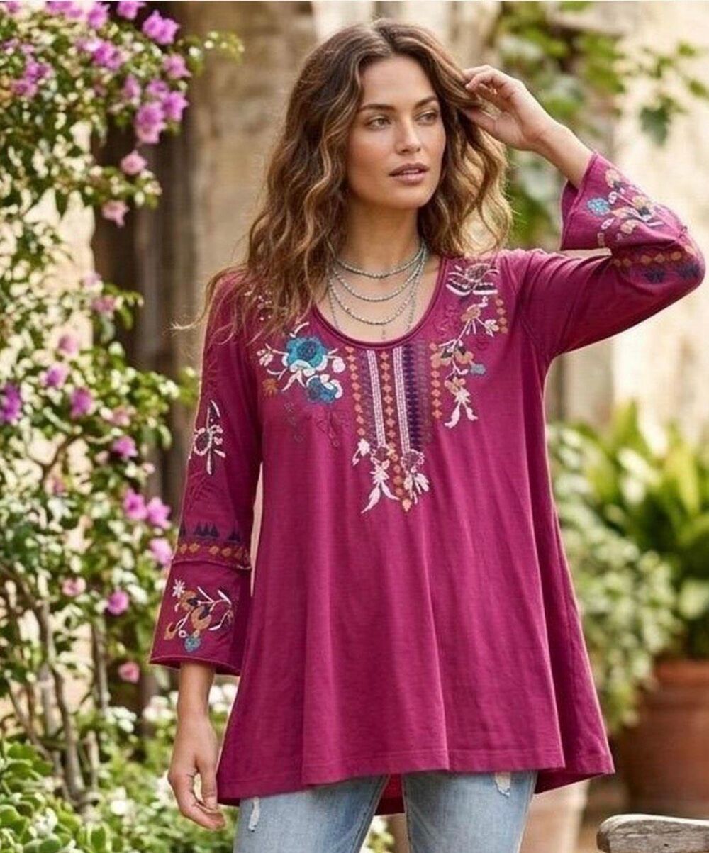 JOHNNY WAS Magenta Keone Puff Sleeve Embroidered Blouse-L
